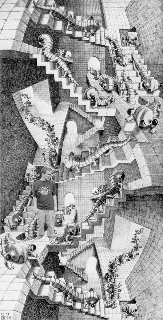 Phil ruins a scene in an Escher drawing